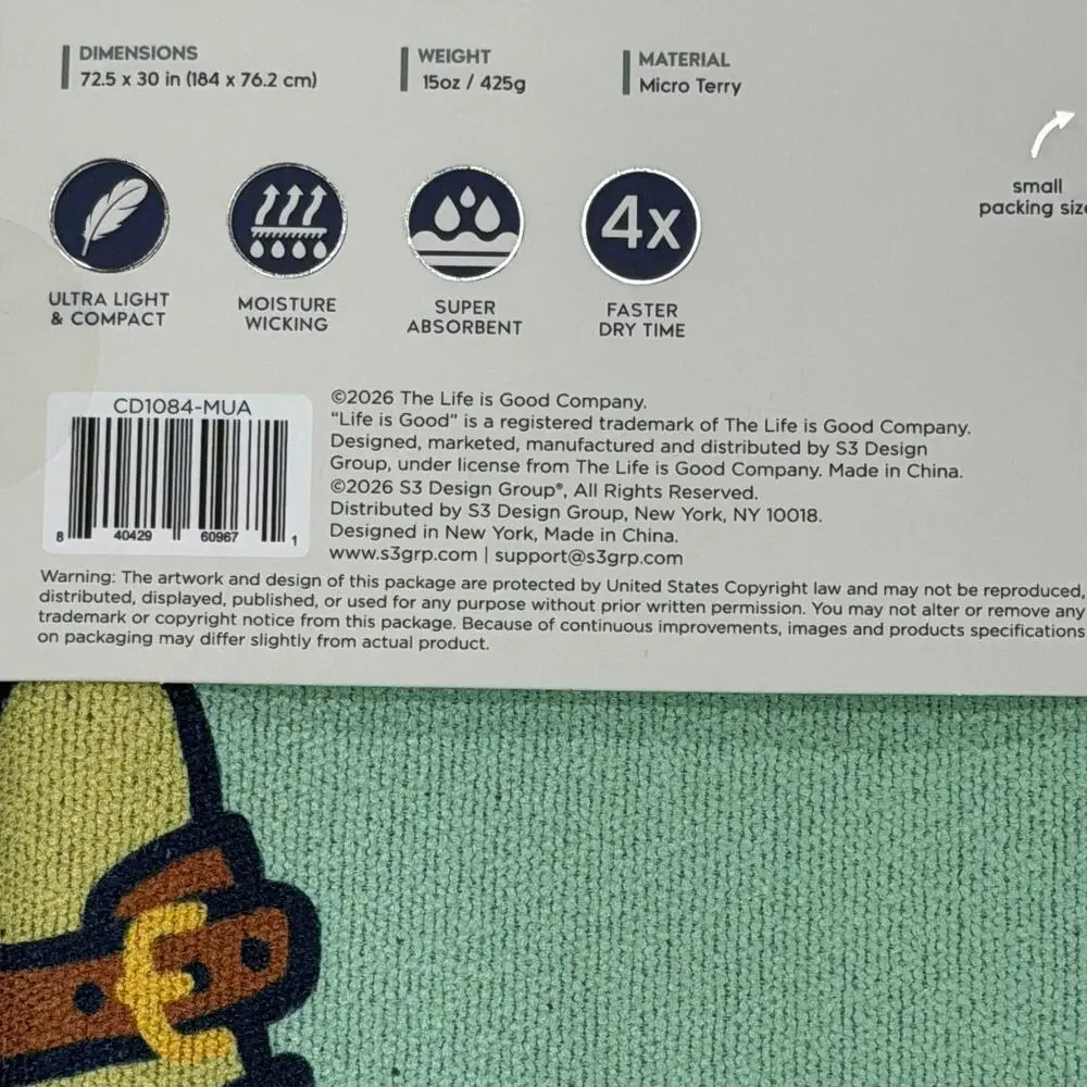 Life is Good Quick Dry Towel Micro Terry Beach Camp Travel Fish 72x30 Green NWT